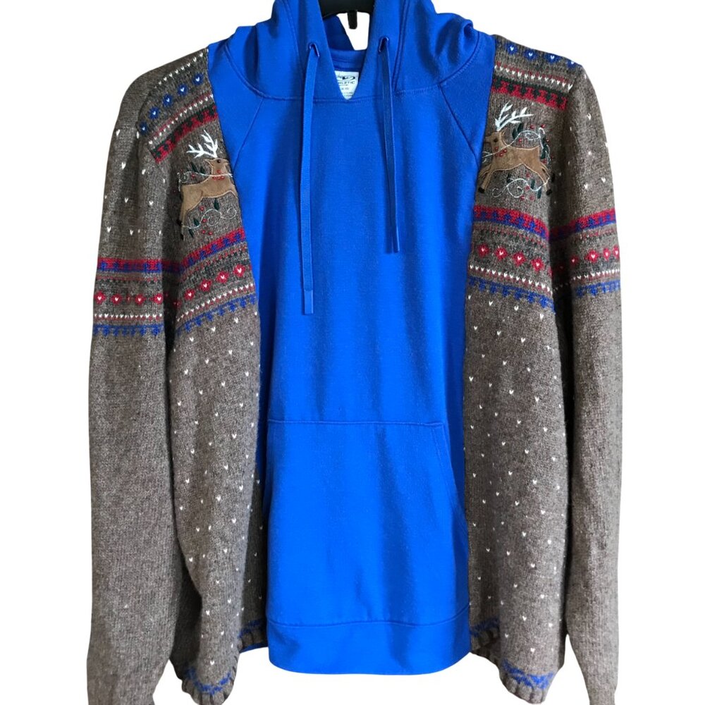 Upcycled Hoodie, Reindeer Sweater Sleeves, Christmas Sweatshirt Jacket Sz L - XL